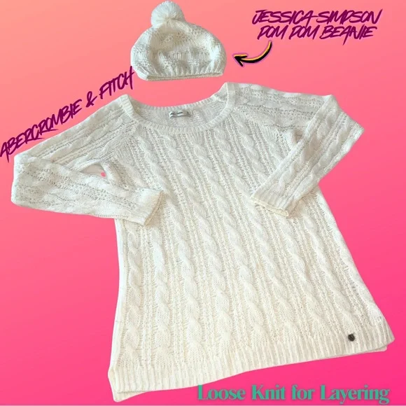Abercrombie & Fitch White Cable Knit Sweater Jessica Simpson Pom Pom Beanie Set - Picture 2 of 7